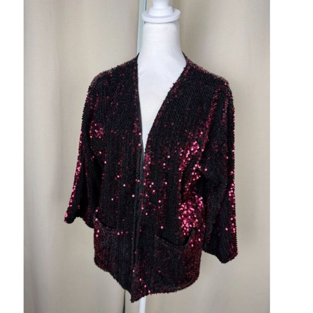 Vintage Sequin Cardigan Black Red Sparkle Party Jacket Size S